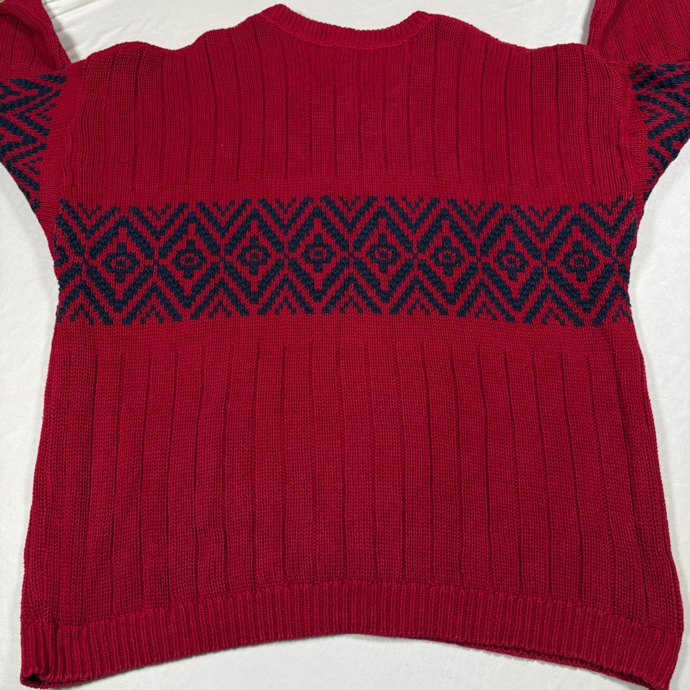 Eddie Bauer Sweater Mens XL Vintage Red Navy Geometric Ribbed Cotton Made in USA - Picture 7 of 8